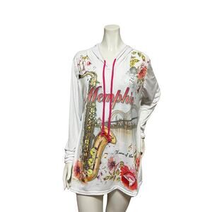 Sweet Gisele "Memphis" Rhinestone Double Sided LS White Hoodie  (Fits Like XL)